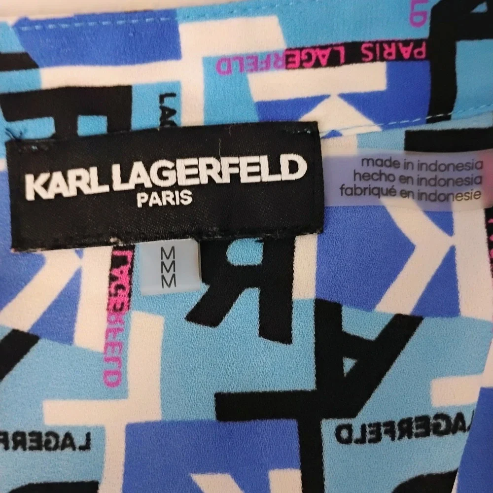 Karl Lagerfeld Paris Womens Blue Logo Print Ruffle V Neck Blouse Size Medium